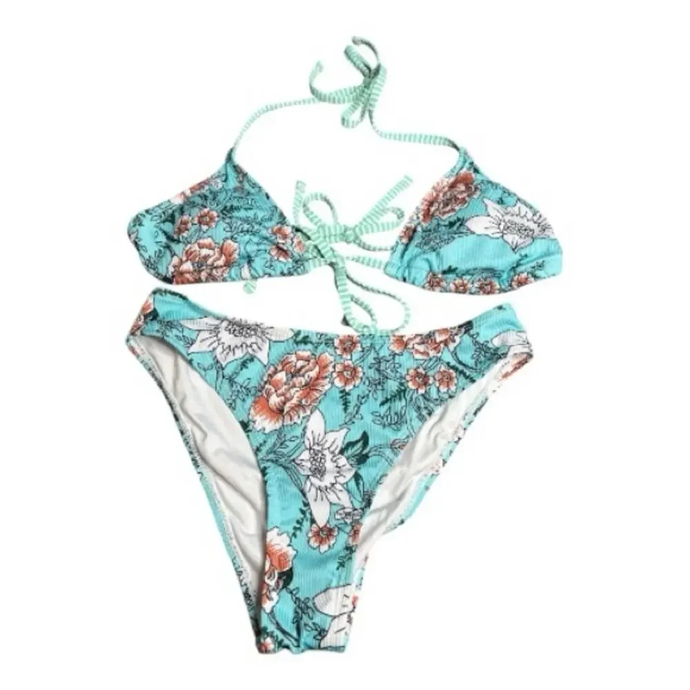 Cupshe Blue Tan Floral Triangle Bikini Top Padded Medium